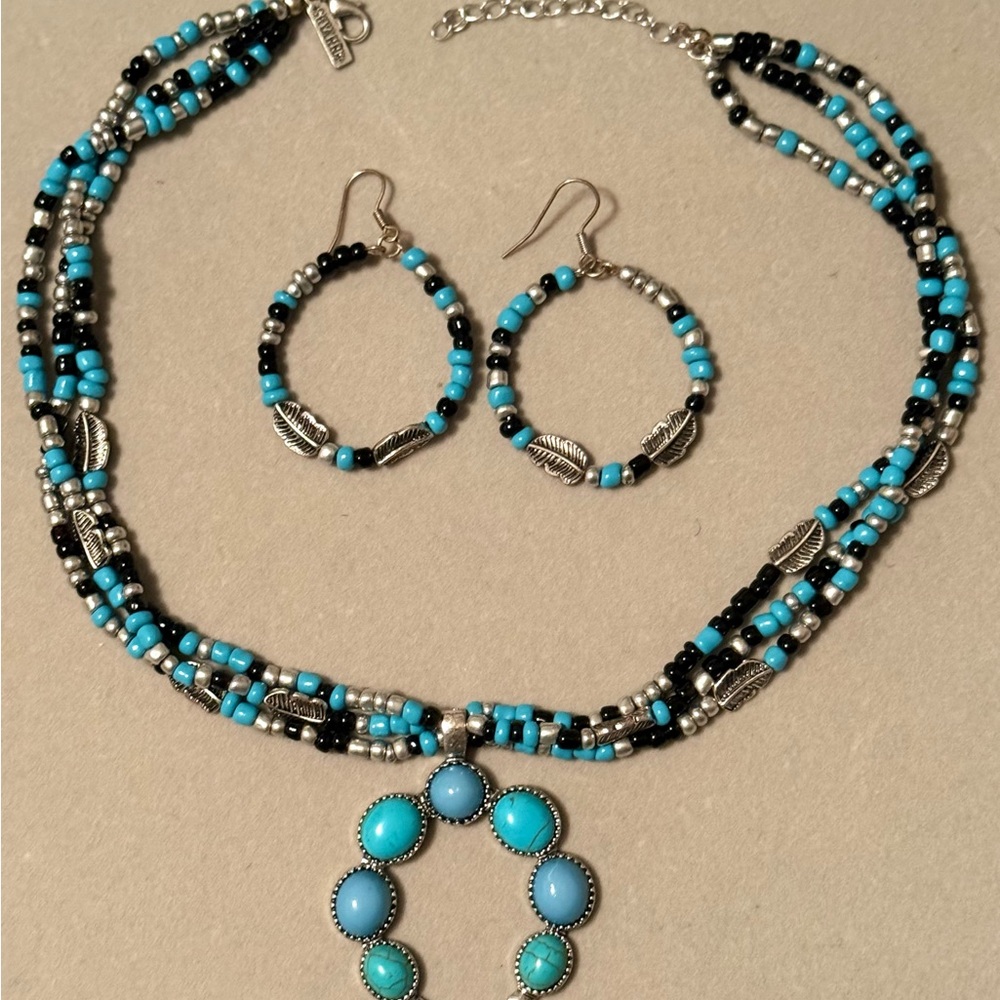 Turquoise and Silver Beaded Necklace and Earring Set